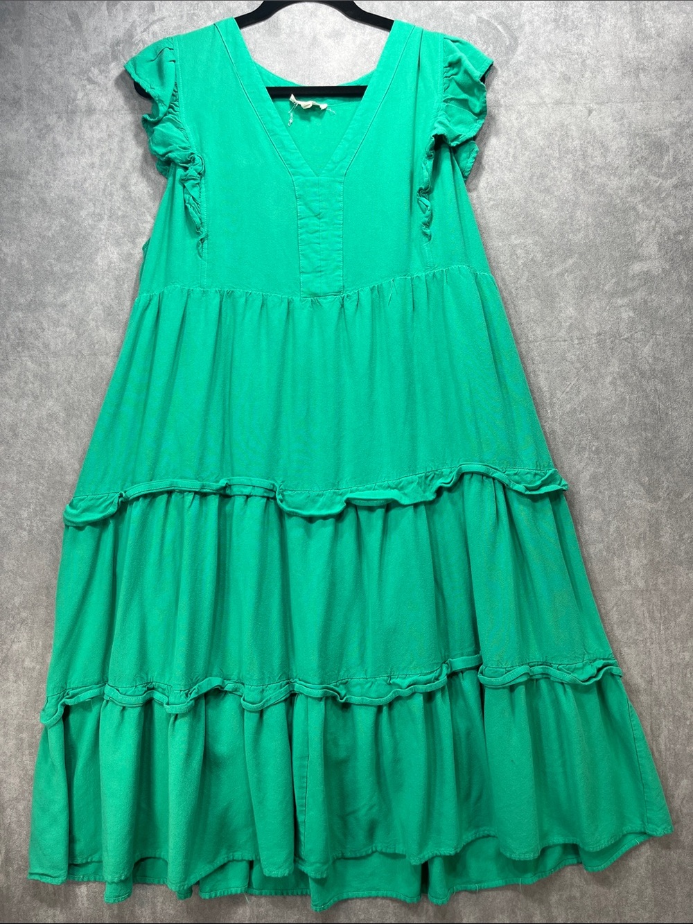 Entro Green Tiered Midi Dress 1X Ruffle Sleeve V Neck Boho